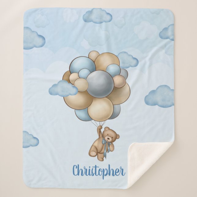 Teddy bear blue brown beige balloons personalised sherpa blanket (Front)