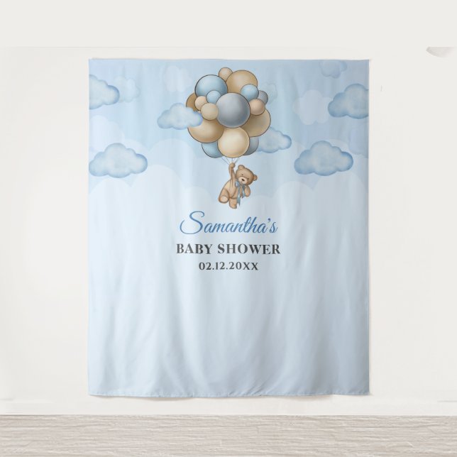 Teddy bear blue brown ivory balloons backdrop tapestry (Front)