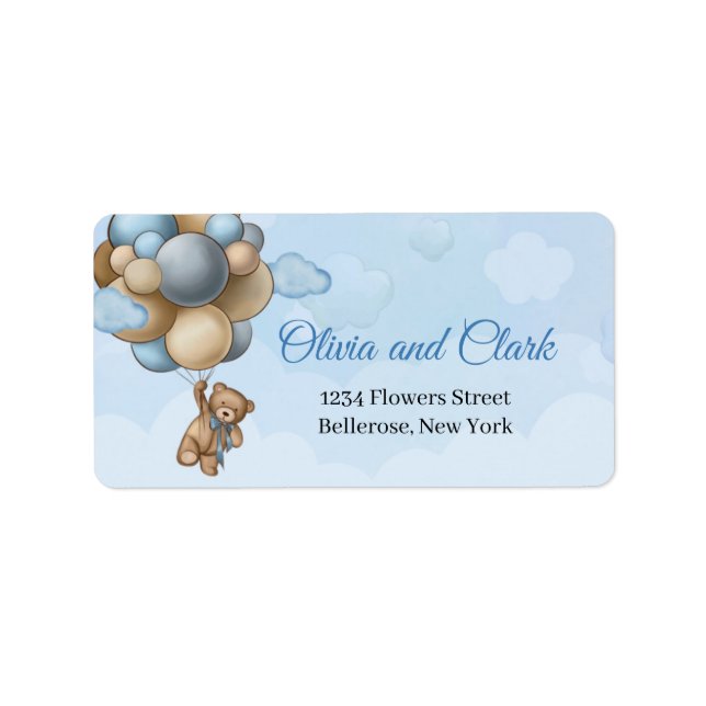 Teddy bear blue brown ivory balloons label (Front)