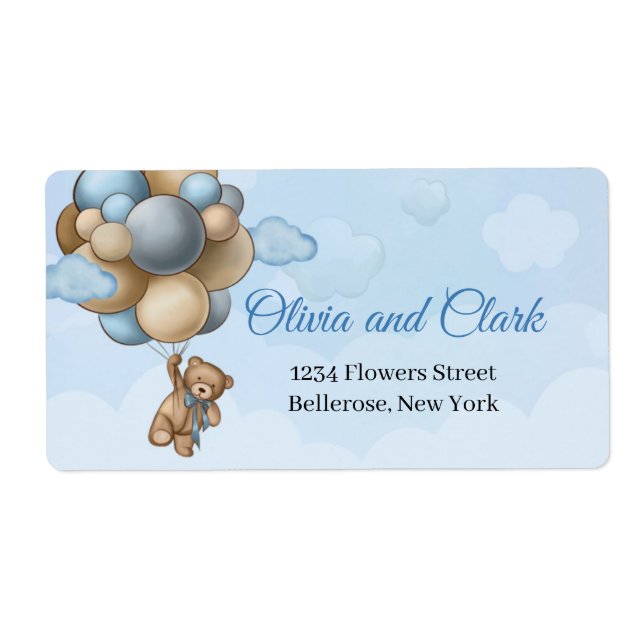 Teddy bear blue brown ivory balloons label (Front)