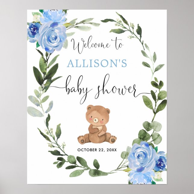 Teddy bear blue floral baby shower welcome sign (Front)