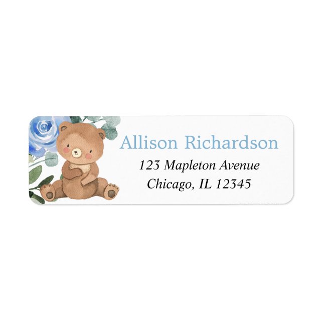 Teddy bear blue floral greenery return address label (Front)