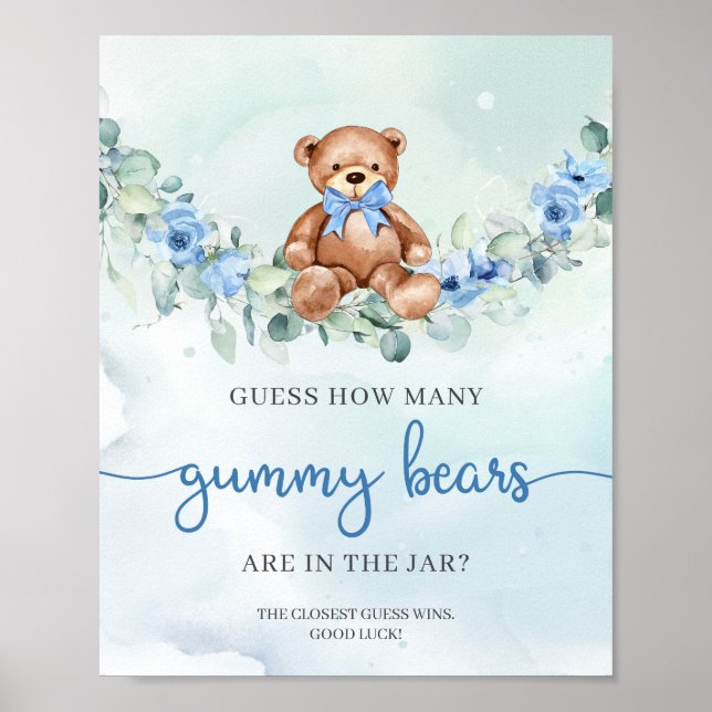 Teddy bear blue floral Guess How Many Gummy Bear Poster (Front)