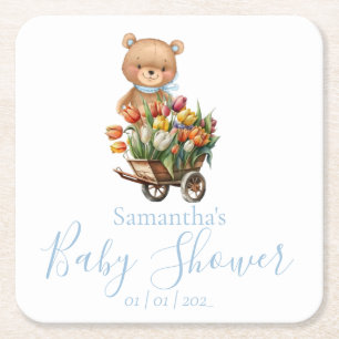 Teddy Bear Blue Floral Rustic Baby Shower Square Paper Coaster