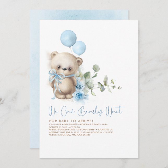 Teddy Bear Blue Flowers and Greenery Baby Shower Invitation (Front/Back)