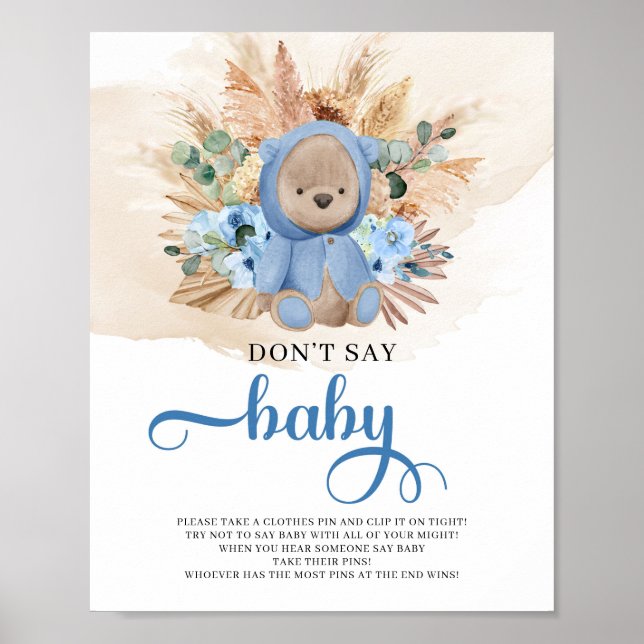 Teddy bear blue flowers pampas dont say baby game poster (Front)