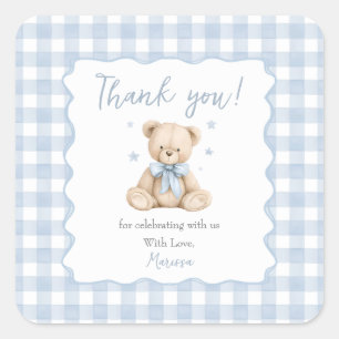 Teddy Bear Blue Gingham Baby Shower Classic  Square Sticker