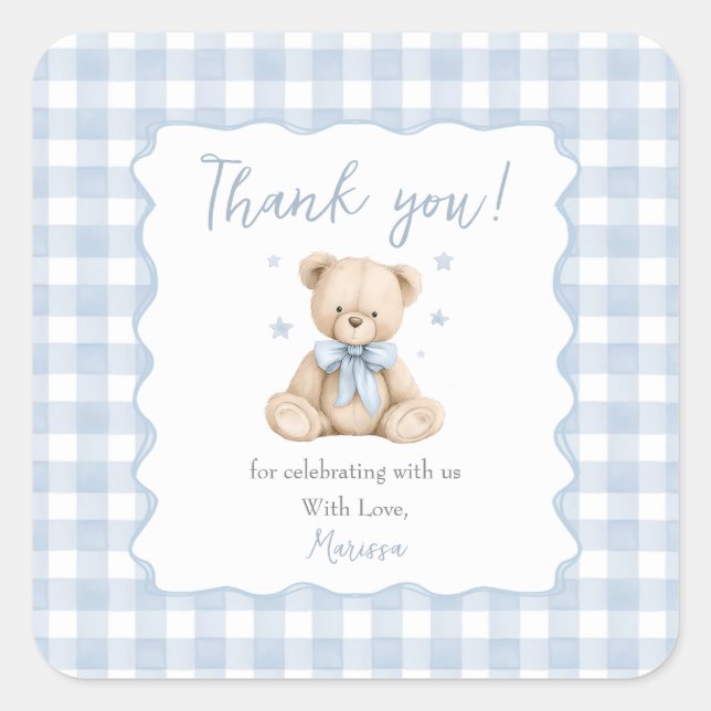 Teddy Bear Blue Gingham Baby Shower Classic  Square Sticker (Front)