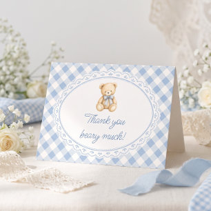 Teddy Bear Blue Gingham Baby Shower Thank You Card