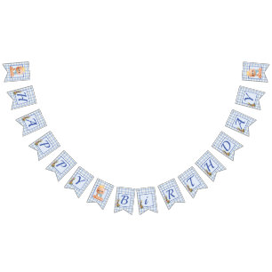 Teddy Bear Blue Gingham Happy Birthday  Bunting
