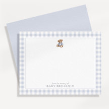Teddy Bear Blue Gingham Preppy Nursery Note Card