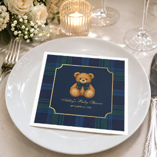 Teddy Bear Blue Green Plaid Preppy Boy Baby Shower Napkin