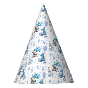 Teddy Bear Blue Happy 1st. Birthday Paper Party Hat