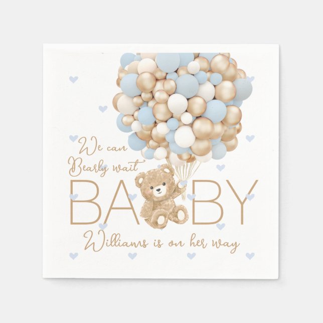 Teddy Bear Blue Heart & Balloon Baby Boy Shower Napkin (Front)