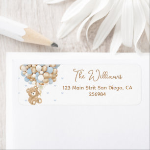 Teddy Bear Blue Heart & Balloon Baby Boy Shower Return Address Label