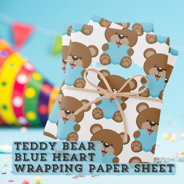 Teddy Bear Blue Heart Wrapping Paper Sheet  (Teddy Bear Blue Heart Wrapping Paper Sheet Birthday Depot Party Supplies)