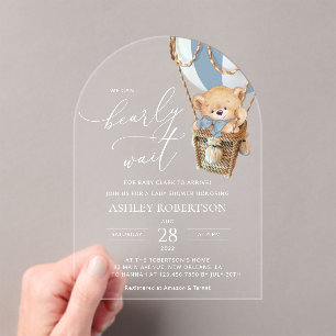 Teddy Bear, Blue Hot Air Balloon, Baby Shower Acrylic Invitations