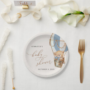 Teddy Bear, Blue Hot Air Balloon, Baby Shower Paper Plate