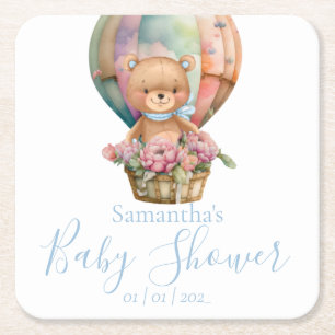 Teddy Bear Blue Hot Air Balloon Baby Shower  Square Paper Coaster