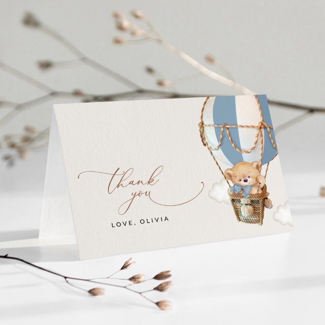 Teddy Bear, Blue Hot Air Balloon, Baby Shower Thank You Card (Creator Uploaded)