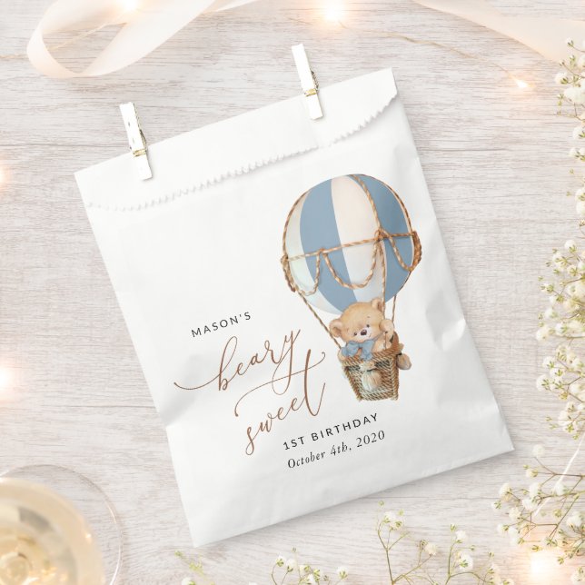 Teddy Bear, Blue Hot Air Balloon, First Birthday Favour Bag (Clipped)