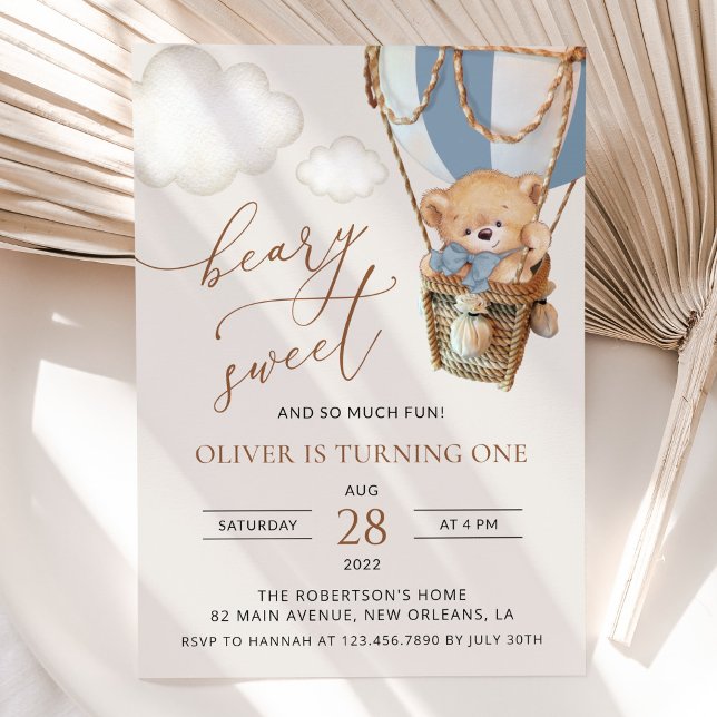 Teddy Bear, Blue Hot Air Balloon, First Birthday Invitation (Creator Uploaded)