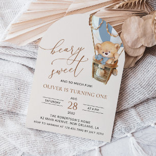 Teddy Bear, Blue Hot Air Balloon, First Birthday Invitation