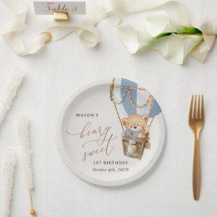 Teddy Bear, Blue Hot Air Balloon, First Birthday Paper Plate