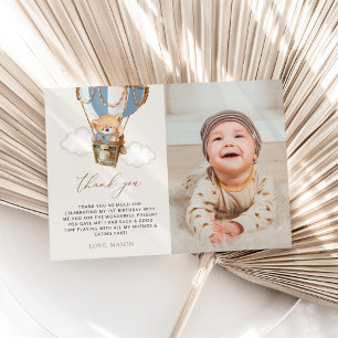 Teddy Bear, Blue Hot Air Balloon, First Birthday Thank You Card