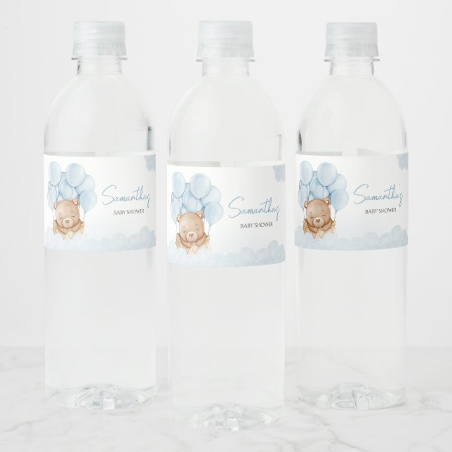 Teddy Bear Blue Hot Air Balloon  Water Bottle Label (Bottles)