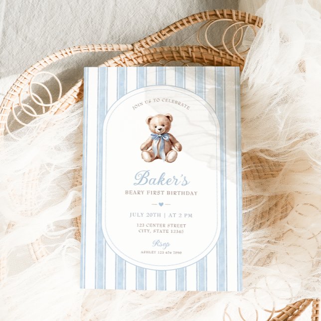 Teddy Bear Blue Minimalist Boy Birthday Invitation (Creator Uploaded)