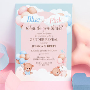 Teddy Bear Blue or Pink Gender Reveal Invitation