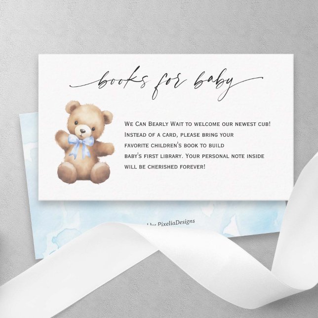 Teddy Bear Blue Ribbon Books for Baby Boy Enclosure Card (Blue We Can Bearly Wait, Teddy Bear baby  Boy Shower Books for Baby.)