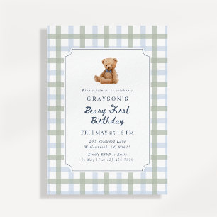 Teddy Bear Blue Sage Green First Birthday  Invitation