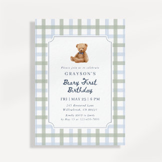 Teddy Bear Blue Sage Green First Birthday Invitation