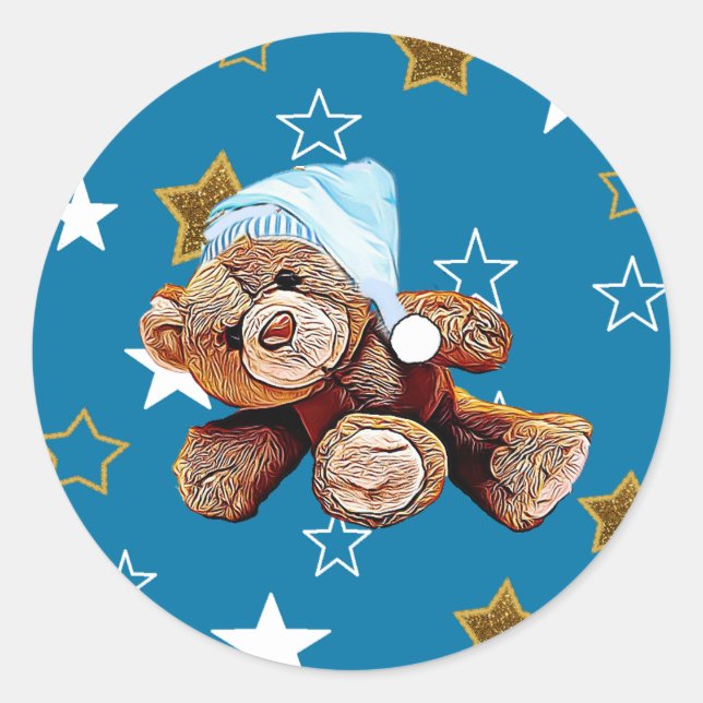 Teddy Bear Blue Stars Baby Shower Stickers (Front)