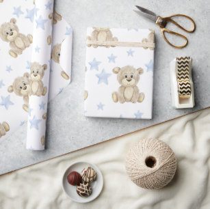 Teddy Bear Blue Stars Watercolor Baby Shower Wrapping Paper