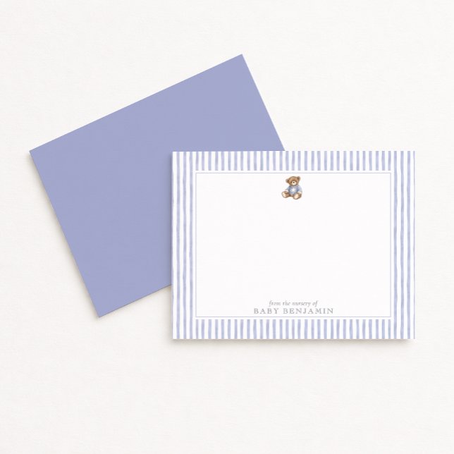 Teddy Bear Blue Stripe Preppy Nursery Note Card (Creator Uploaded)