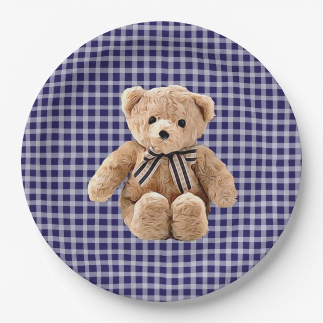 Teddy Bear Blue Striped Party Plate (Front)