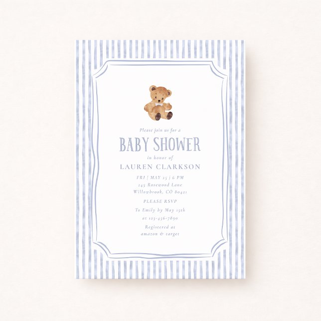 Teddy Bear Blue Stripes Baby Boy Baby Shower  Announcement (Creator Uploaded)