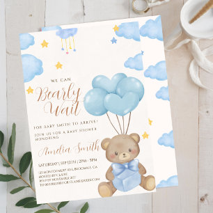 Teddy Bear Blue Tan Balloons Baby Shower Invitation