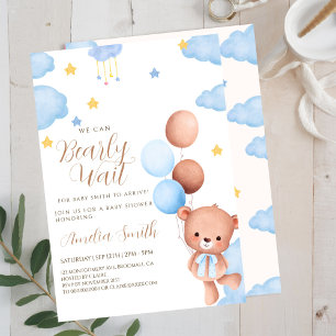 Teddy Bear Blue Tan Balloons Baby Shower  Invitation