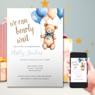 Teddy Bear Blue Tan Balloons Baby Shower  Invitation