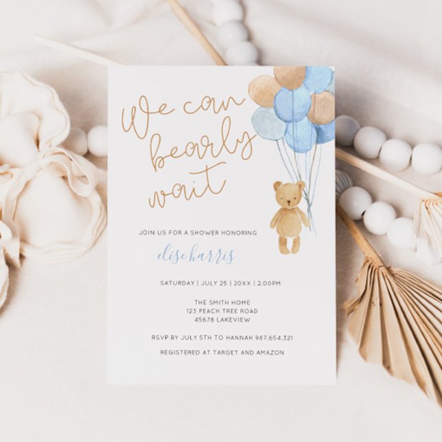 Teddy Bear Blue Tan Balloons Baby Shower Invitation (Creator Uploaded)