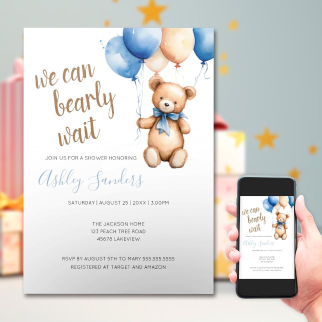 Teddy Bear Blue Tan Balloons Baby Shower  Invitation (Creator Uploaded)