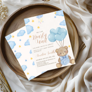 Teddy Bear Blue Tan Balloons Baby Shower  Invitation