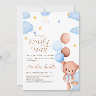 Teddy Bear Blue Tan Balloons Baby Shower  Invitation
