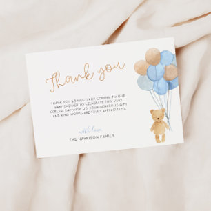 Teddy Bear Blue Tan Balloons Baby Shower Thank You Card