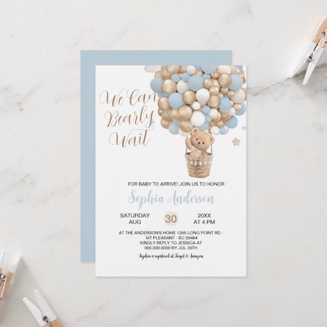 Teddy Bear Blue Tan Balloons Boy Baby Shower Invitation (Front/Back In Situ)