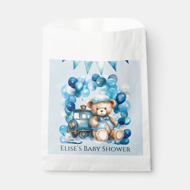 Teddy Bear Blue Train Boy Baby Shower Favour Bag (Front)